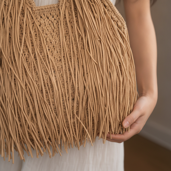 Close-up of a Boho Raffia Fringe Tote Bag, showing its natural raffia texture and a hand gently holding it, implying softness