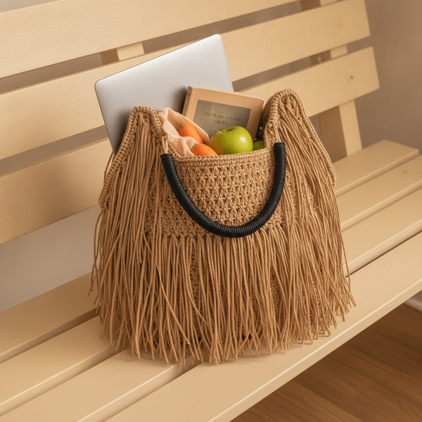 Close-up of a Boho Raffia Fringe Tote Bag filled with a laptop and produce, sitting on a cream bench.
